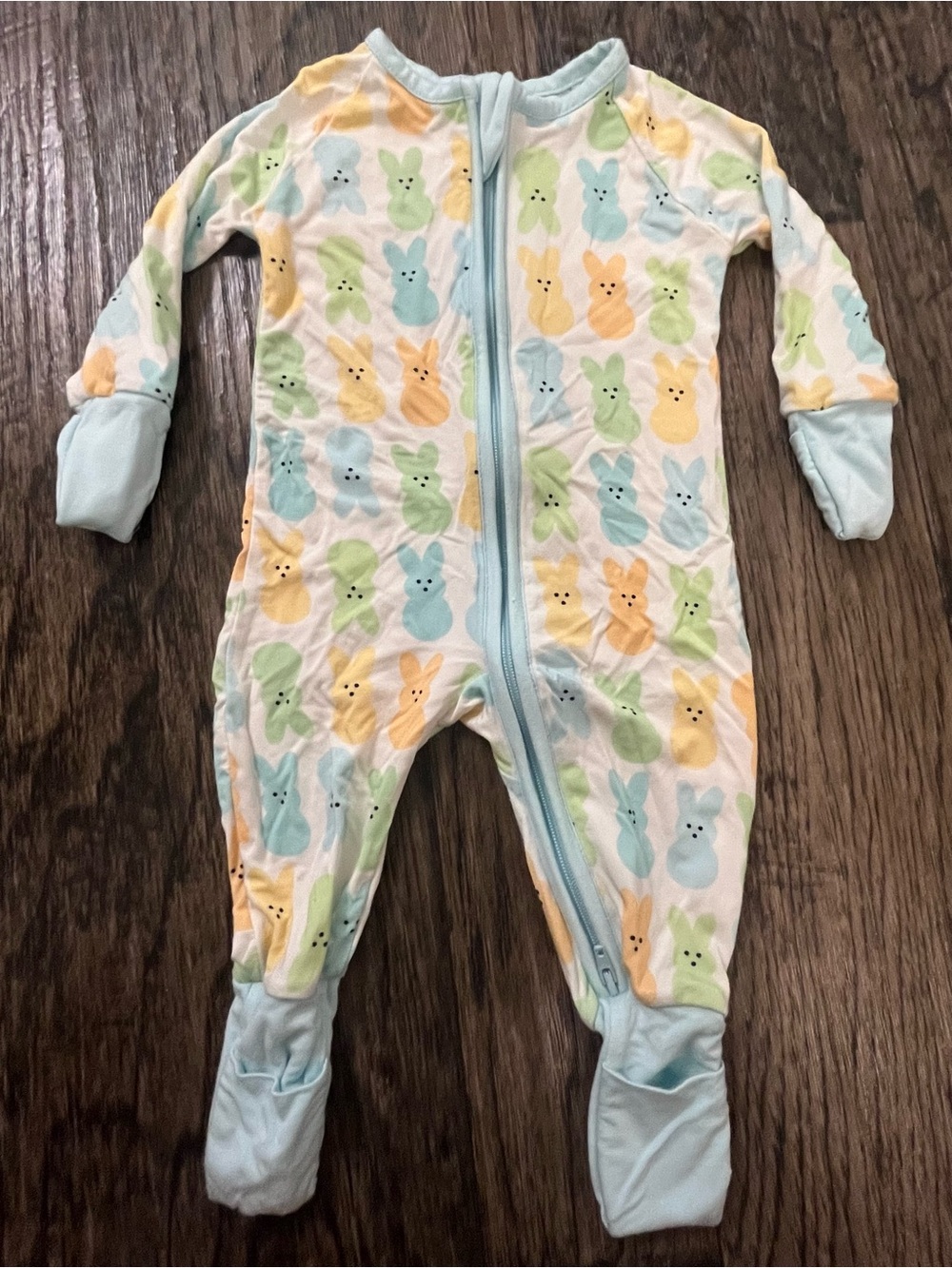 Infant Footed One-Piece Sleep Suit - Pastel Bunny Print (Light Blue Trim)